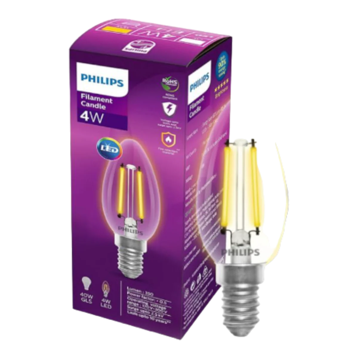 Philips 4W Clear Candle Filament Lamp with E27 Base for Decorative Luminaires